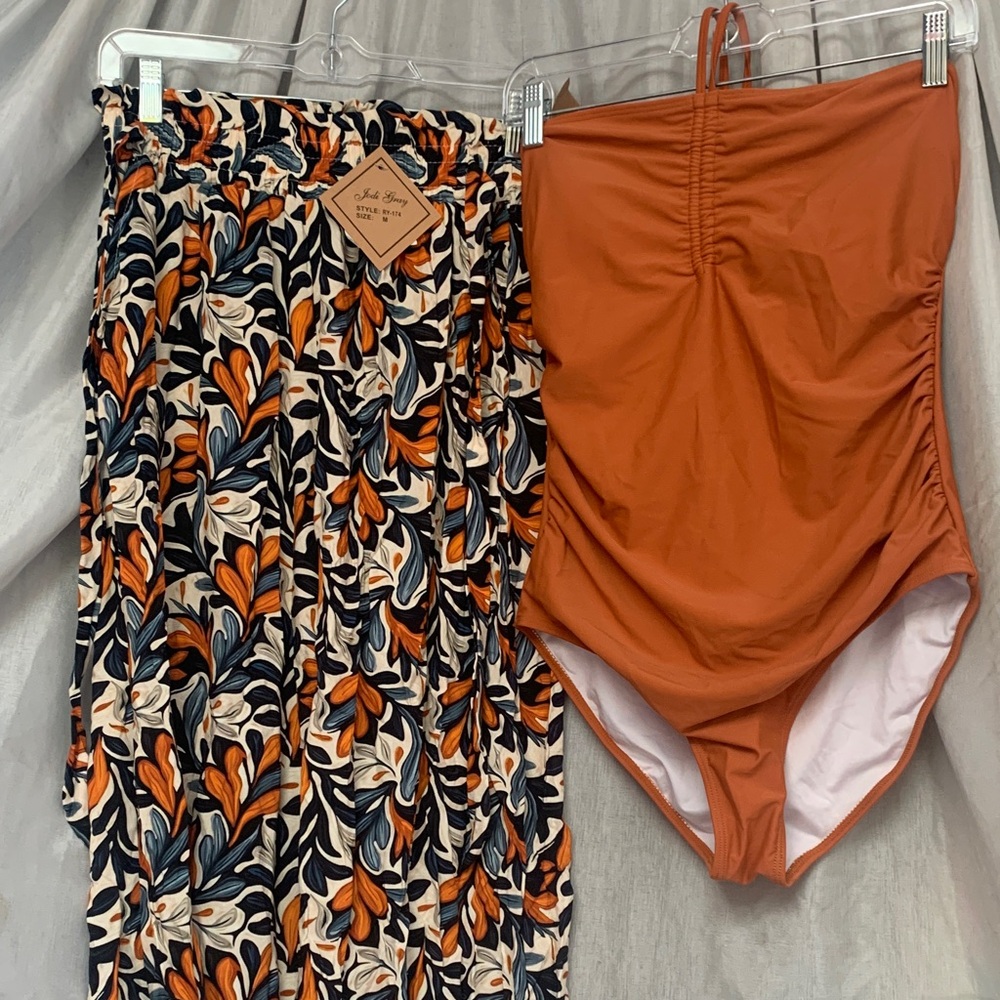 Rust One-Piece Swimsuit & Floral pant Set